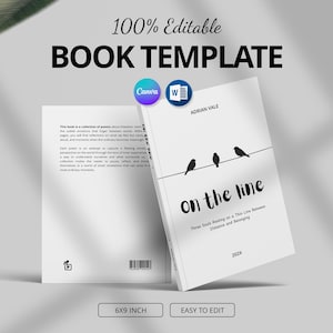 Op de afbeelding: Een witte boeksjabloon met de titel "on the line" en de naam van de auteur, Adrian Vale. De omslag toont drie zwarte vogels op een lijn. De tekst "100% Editable BOOK TEMPLATE" staat bovenaan.