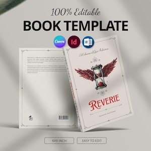 Peut inclure: Maquette de livre avec le titre "Reverie" et le texte "A Collection of Quiet Reflections" sur la couverture. La couverture présente un sablier avec des ailes rouges. Le livre mesure 15,24 x 22,86 cm et est facile à modifier.