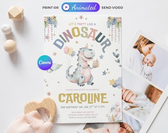 Invito di compleanno a tema tirannosauro, invito per festa a tema dinosauri, modello Canva stampabile 5x7 e animato