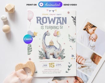 Modello di invito di compleanno a tema Brachiosauro, invito per festa a tema dinosauri, invito Canva stampabile 5x7 e animato