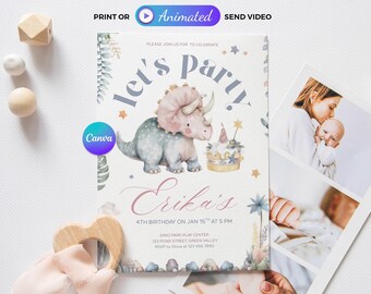 Invito di compleanno a tema triceratopo, invito per festa a tema dinosauri, modello Canva stampabile 5x7 e animato