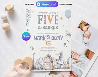 Invito di compleanno a tema dinosauri, invito per festa a tema dinosauri, modello Canva stampabile 5x7 e animato