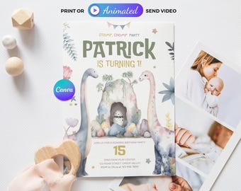 Invito di compleanno a tema Brachiosauro con uovo, invito per festa a tema dinosauri, modello Canva stampabile 5x7 e animato