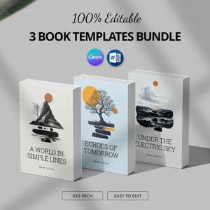 May include: Three book templates bundle with the text "100% Editable" and "3 Book Templates Bundle". The book covers feature abstract art and the titles "A World in Simple Lines", "Echoes of Tomorrow", and "Under the Electric Sky". The books are 15 x 23 cm.