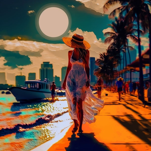 Walk On Miami Beach Sunset Art Deco South Beach Palms Digital Art SOBE Digital Print Impressionist Art INSTANT DOWNLOAD