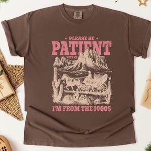 a brown t - shirt with a picture of a mountain scene