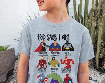 God Says I Am Superhero Kids Shirt, Christian Toddler Youth Tee, Religious Baby Bodysuit