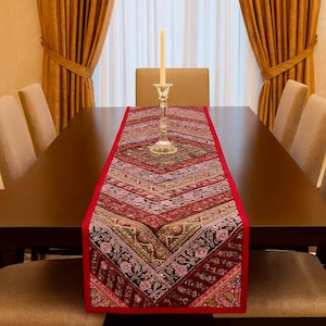 Patchwork Table Runner: Embroidered Indian Tapestry, Colorful Home Decor
