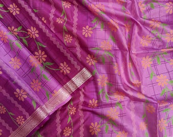 Vintage Printed Silk Saree Fabric | 6M, Indian Textile