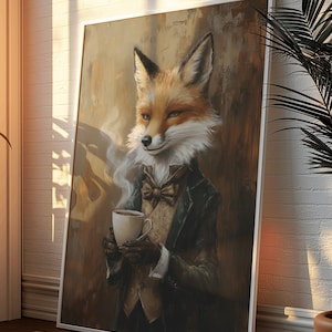 Fox Art Print - Charming Coffee-Themed Oil Painting, Cozy Café or Study Room Decor, Sophisticated Animal Art Gift