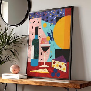 Matisse-Inspired Still Life Poster - Modern Kitchen Art Print, Vibrant Dining Room Wall Decor, Wine and Cheese Art, Food Lover Gift