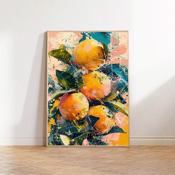 Citrus Burst Abstract Art Print, Expressionist Lemon Paint Splashes, Modern Kitchen Decor, Vibrant Citrus Wall Art