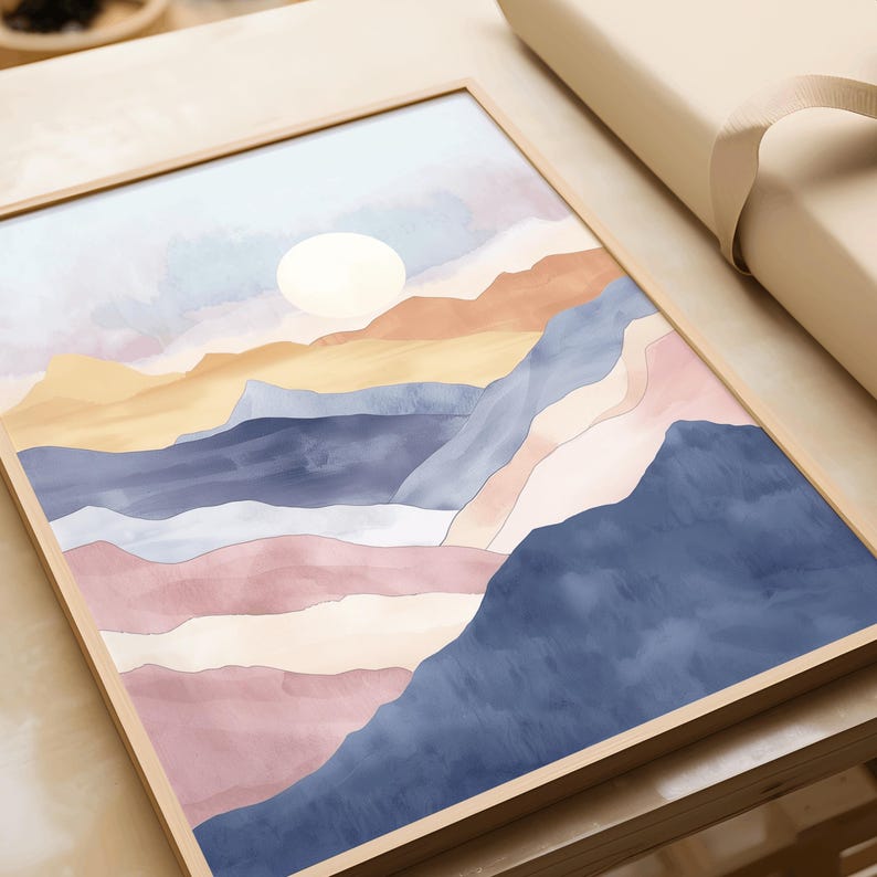 Minimalist Mountain Range Poster Pastel Watercolor Print for Tranquil