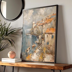 Vintage Style Coastal Village Poster - Serene Oil Painting Print, Rustic Harbor Art for Living Room Decor, Tranquil Seaside Retreat Gift