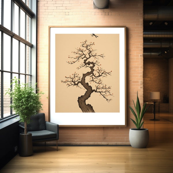 Katsura Tree Japanese Wood Block Print Art, Minimalist Earthy Neutral Colors, Nature Illustration