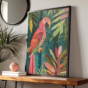 Tropical Bird Poster - Matisse-Inspired Art Print, Bold Cut-Out Design, Green & Red Jungle Wall Decor, Lively Home Office Artwork