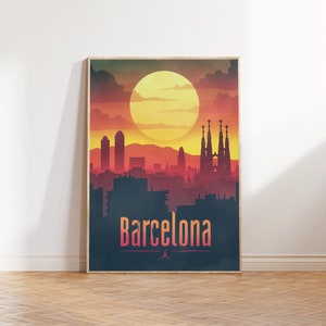 Retro Style Barcelona Spain Travel Poster, Vintage Barcelona Wall Art, Retro Travel Print, Spain Travel Decor