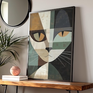 Mid-Century Modern Decor - Abstract Geometric Design for Living Room, Vintage Wall Art Cat Print, Retro Gift Idea