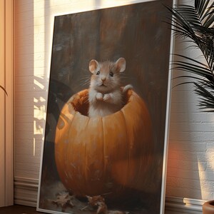 Mouse in Pumpkin Poster Print - Classic Oil Painting Wall Art, Cozy Autumn Decor for Living Room, Animal Lover Gift