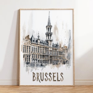 Grand Place Brussels Travel Poster - Minimalist Boho Wall Art, Neutral Watercolor Print, Modern Home Decor