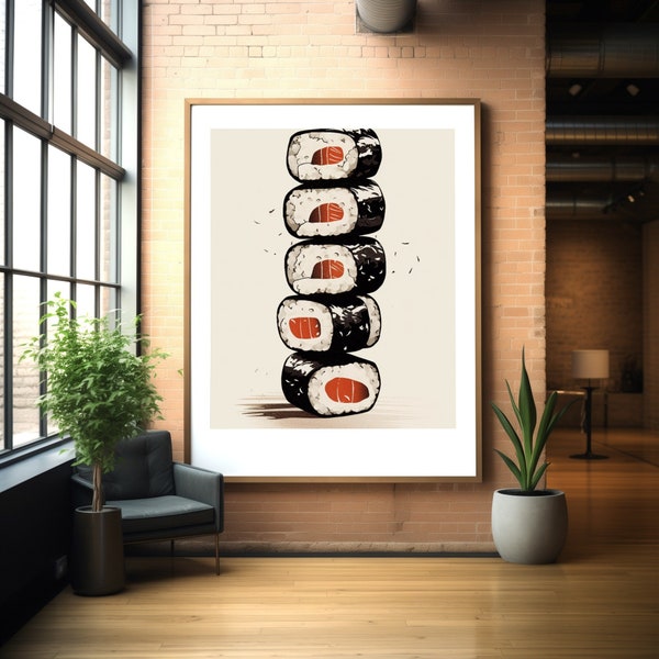 Sushi Roll Stack Art Print, Sumi-e Inspired, Neutral Tones, Japanese Cuisine, Minimalistic Wall Decor