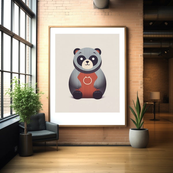 Cute Earthy Neutral Colors Tanuki Illustration, Minimalist Japanese Wood Block Print Art