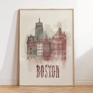 Cartel de viaje de Boston: impresión minimalista de acuarela boho, arte de pared neutro, decoración moderna del hogar, regalo sereno para la sala de estar