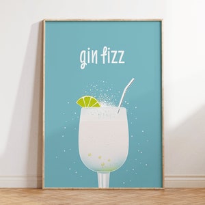 Minimalistisches Gin Fizz Cocktail Poster - Barwagen Dekor, Vintage Küchen Wand Kunst Druck, trendiges Café Dekor, Barmixer Geschenkidee