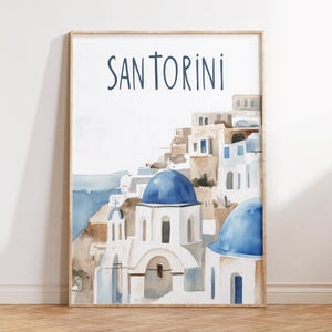 Santorini Travel Poster - Minimalist Boho Watercolor Print, Neutral Coastal Wall Art for Home Decor, Serene Gift Idea