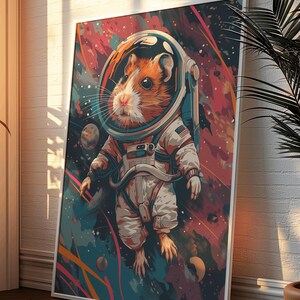 Astronaut Hamster Poster - Whimsical Cartoon Wall Art for Kids Room, Vibrant Space Decor, Fun Gift Idea
