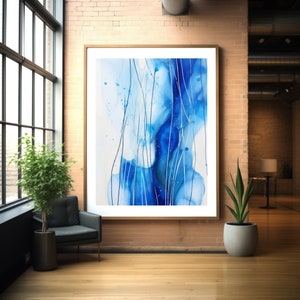 Boho Chic Kobalt Blau Aquarell abstrakte Kunst Druck, Minimalistische Linien Wand-Dekor, moderne Boho digitaler Download