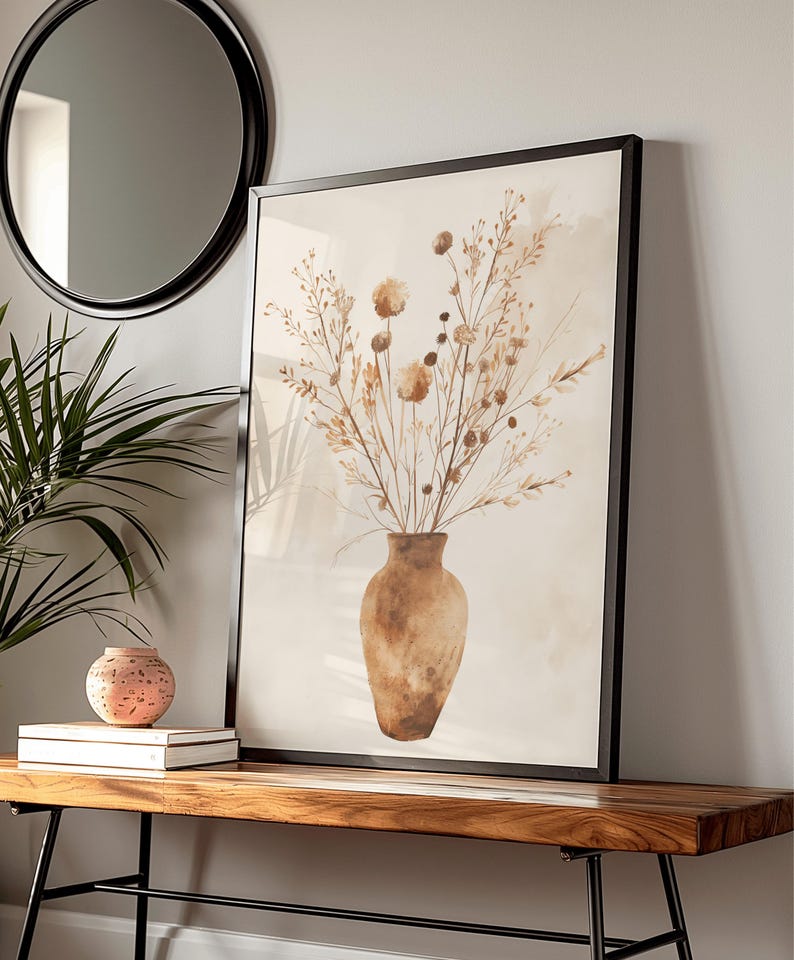 Minimalist Boho Print Wildflowers in Rustic Vase, Earthy Watercolor