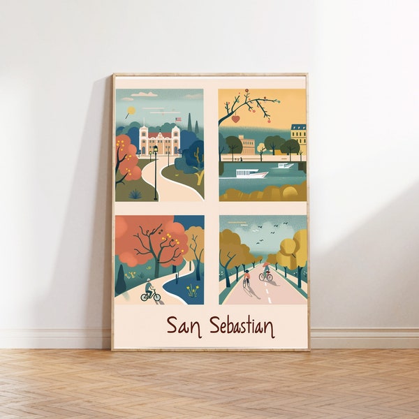 San Sebastian All Seasons Travel Poster, Vintage Travel Print, Coastal Destination Art Print, Spain Wall Decor