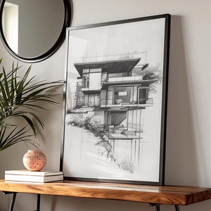 Architectural Drawing Illustration Print - Modern Seaside House Art, Contemporary Design Wall Decor, Architecture Studio Display