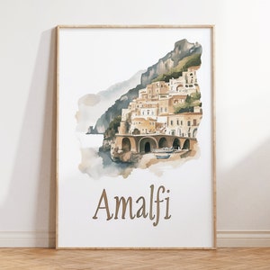 Impresión del cartel de viaje de Amalfi - Arte minimalista de la pared de la acuarela, decoración costera de Italia, regalo sereno del Ministerio del Interior