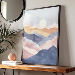 Minimalist Mountain Range Poster - Pastel Watercolor Print for Tranquil Spaces, Serene Office & Bedroom Decor