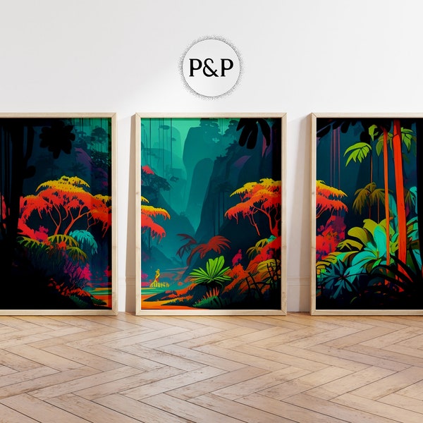 Enchanted Rainforest Printables Digital Art for 3 Piece Colorful Nature Wall Decor