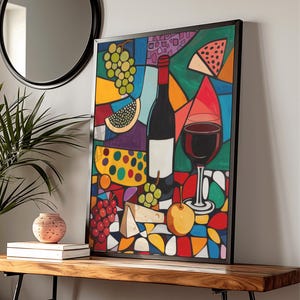 Matisse-Inspired Still Life Poster - Vibrant Abstract Wine & Cheese Art Print for Dining Room, Contemporary Home Decor