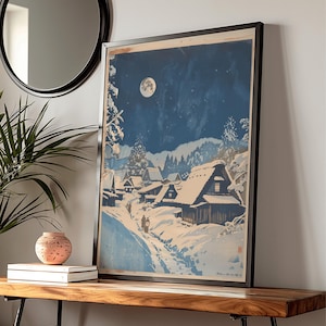 Japanese Woodblock Print Poster - Serene Snowy Village Night Scene, Tranquil Wall Art, Cozy Home & Study Decor