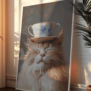 Cat Teacup Poster - Serene Oil Painting Print, Cozy Living Room Wall Art, Tranquil Cat Lover Gift Idea