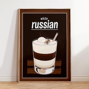 Cartel de cóctel ruso blanco - Decoración minimalista del carrito de bar, arte moderno de la cocina, impresión de la pared del bar del hogar, idea de regalo de cafetería