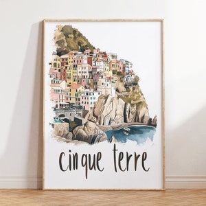 Poster di viaggio delle Cinque Terre, Italia - Stampa acquerello minimalista, Arte della parete Boho neutra, Arredamento sereno sul mare, Regalo Wanderlust