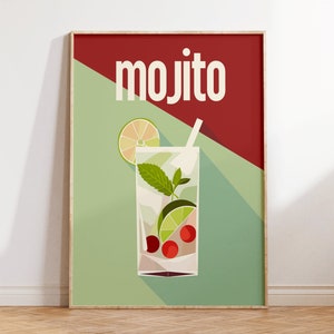 Mojitococktailposter - minimalistisch decor barwagen, retro keukenkunst aan de muur, levendige eetkamer print, drankje minnaar cadeau