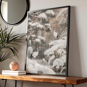 Ukiyo-e Style Poster, Winter Garden Print - Serene Snow Scene Wall Art, Crane and Evergreen Decor, Relaxation Gift Idea