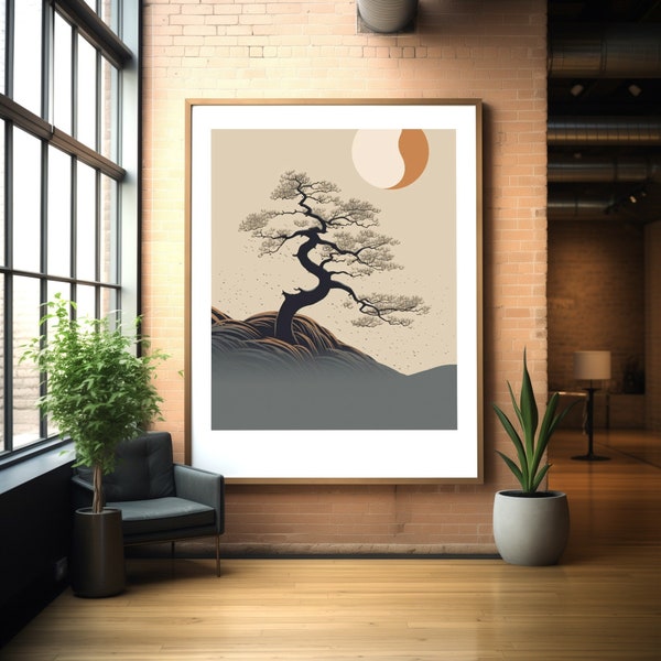 Ginkgo Biloba Japanese Woodblock Print, Minimalist Earthy Neutral Colors, Botanical Wall Art