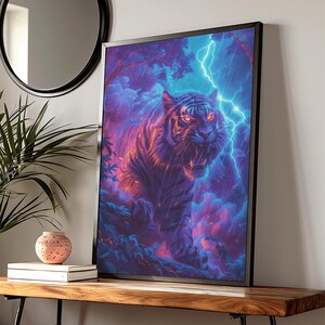 Electrified Tiger Poster - Neon Forest Art Print, Surreal Wildlife Wall Decor for Modern Living Space, Bold Office Statement