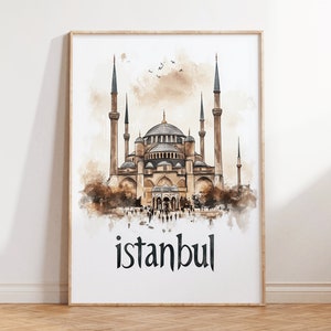 Istanbul Travel Poster Print - Minimalist Boho Wall Art, Neutral Watercolor Decor, Hagia Sophia Turkey, Gift Idea for History Lovers