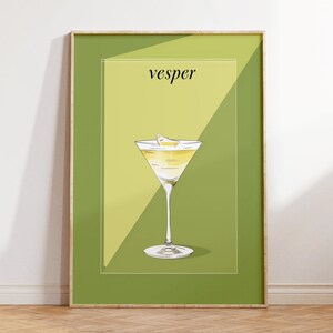 Cartel minimalista de cóctel Vesper: decoración moderna del carrito de bar, arte elegante de la pared de la cocina, impresión del bar del hogar, arte de cafetería de moda