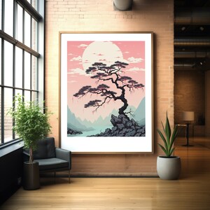 Japanese Maple Sunset: Minimalist Woodblock Print Art