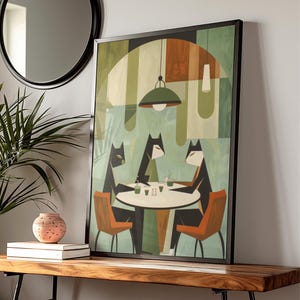 Cat Poker Poster - Mid-Century Modern Art Print, Geometric Abstract Wall Decor, Retro Style Home & Office Gift Idea